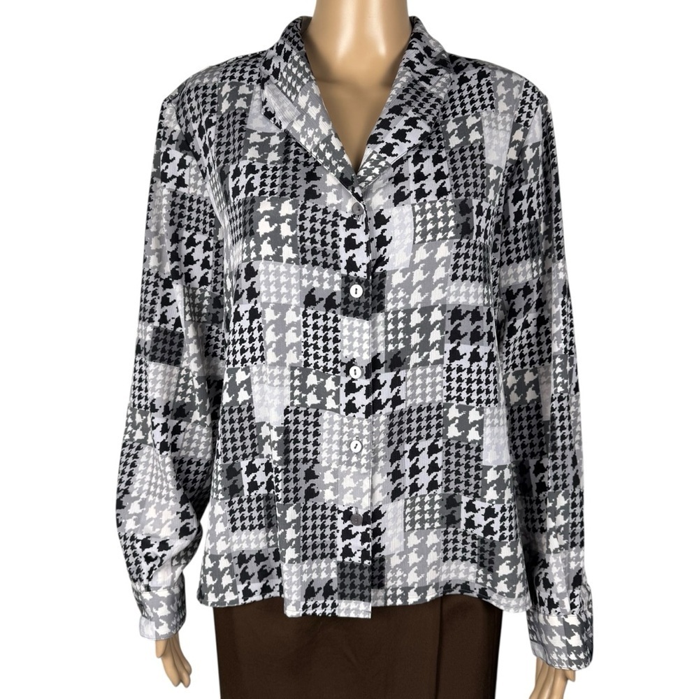 Vintage Alfred Dunner Houndstooth Long Sleeve Blouse Size 14 Petite